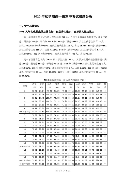 2020年秋学期高一级期中考试成绩分析