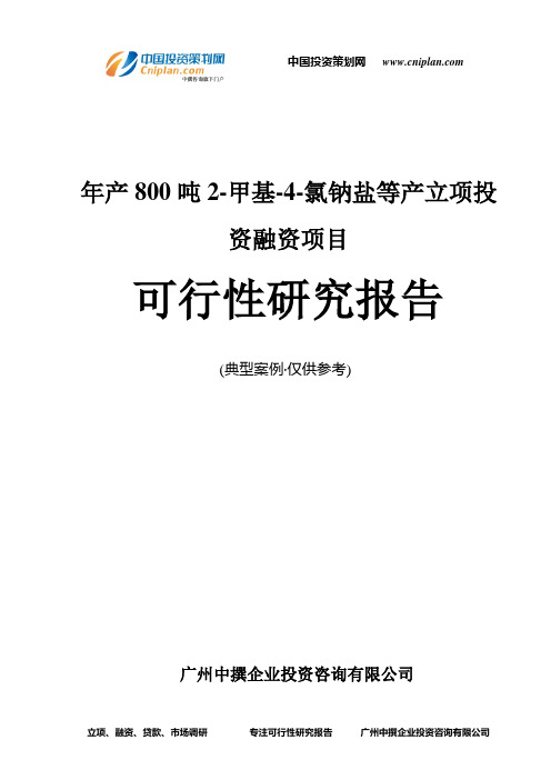 年产800吨2-甲基-4-氯钠盐等产融资投资立项项目可行性研究报告(中撰咨询)