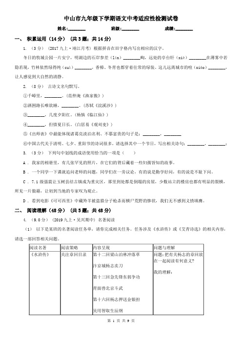 中山市九年级下学期语文中考适应性检测试卷