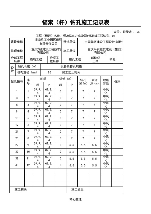 锚索(杆)成孔现场施工记录表格模板