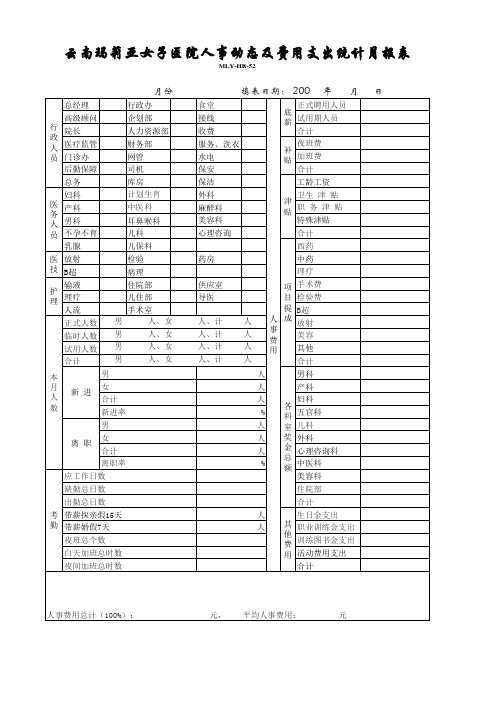 52、云南玛莉亚女子医院人事动态及费用支出统计表