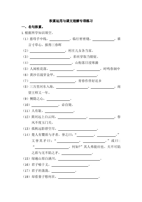 部编版小学语文五年级下册积累运用与课文理解专项检测试题(含答案)