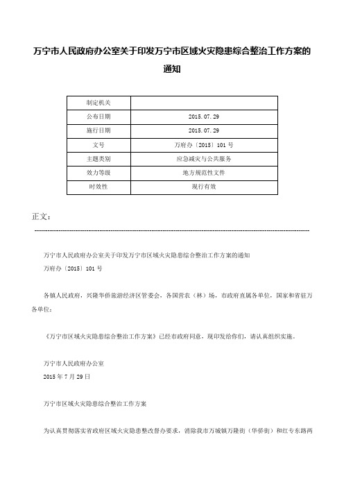 万宁市人民政府办公室关于印发万宁市区域火灾隐患综合整治工作方案的通知-万府办〔2015〕101号