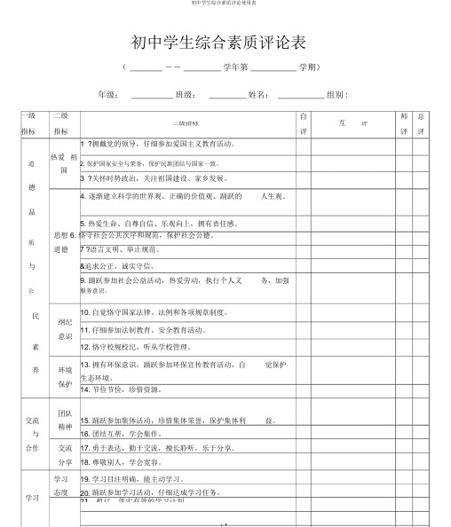 初中学生综合素质评价使用表