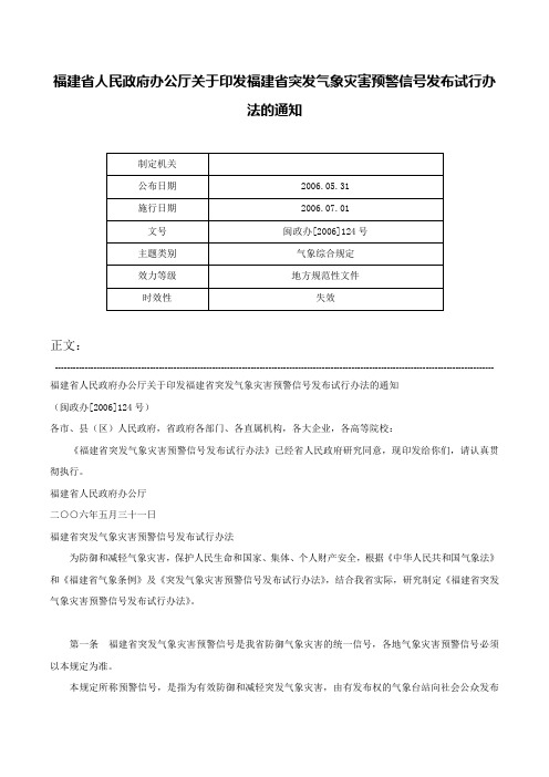 福建省人民政府办公厅关于印发福建省突发气象灾害预警信号发布试行办法的通知-闽政办[2006]124号