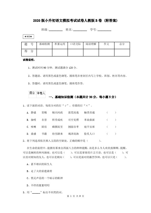 2020版小升初语文模拟考试试卷人教版B卷 (附答案)