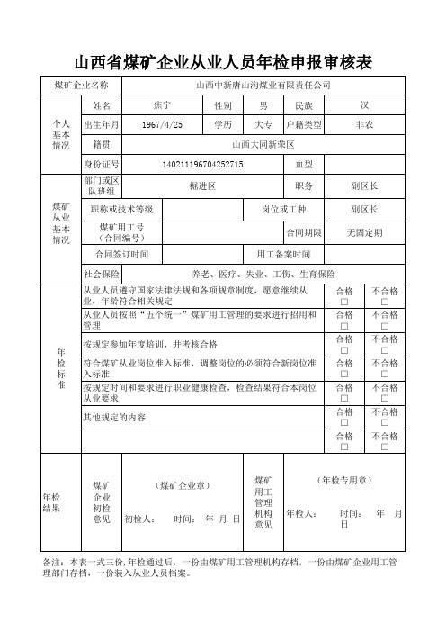 掘进区煤矿企业从业人员年检申报审核表