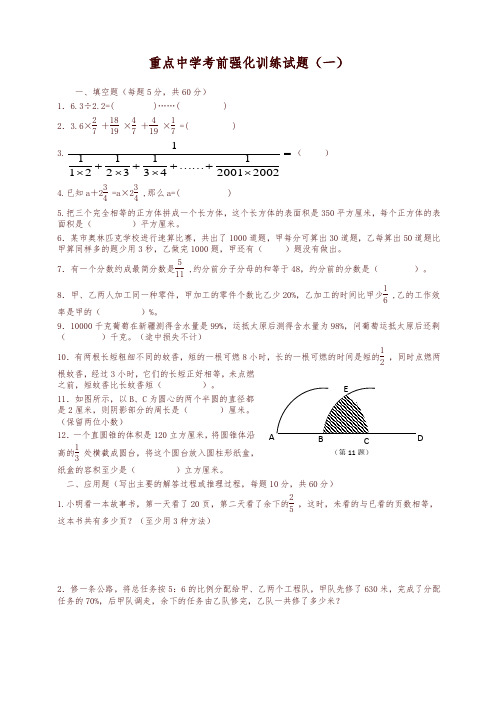 六年级下册数学试题-小升初考前强化训练试题一苏教版(含答案)