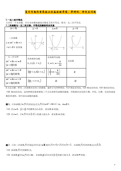 高中数学-含参数二次函数的最值、单调性、恒成立问题