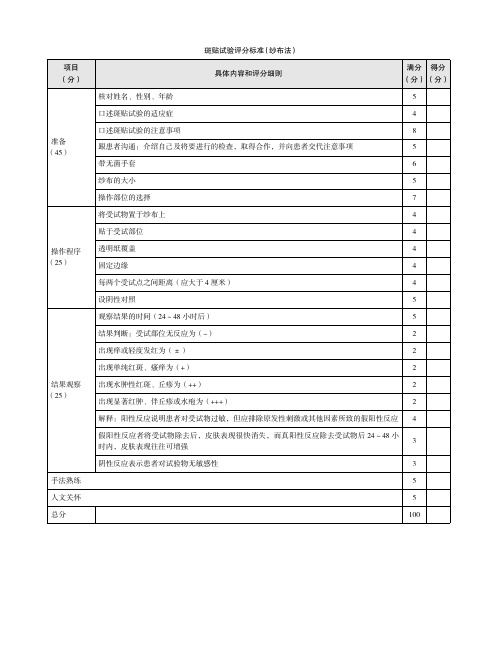 斑贴试验评分标准(纱布法)