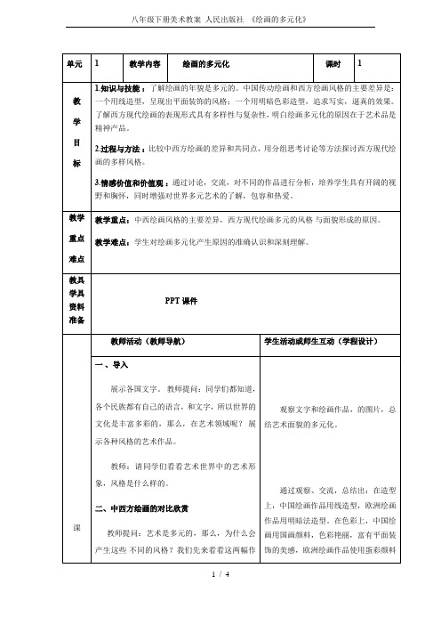 八年级下册美术教案 人民出版社 《绘画的多元化》