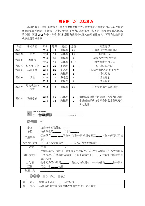 2016中考物理考点复习第9讲+力+运动和力(含答案)