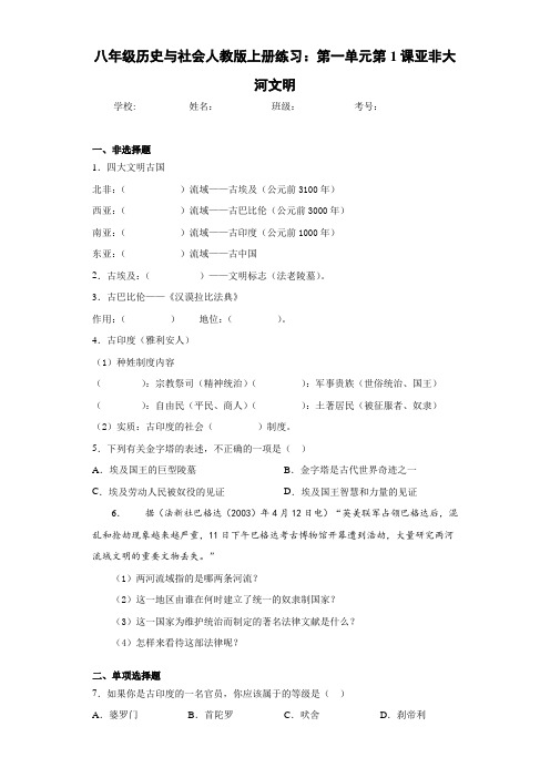 八年级历史与社会人教版上册练习：第一单元第1课亚非大河文明