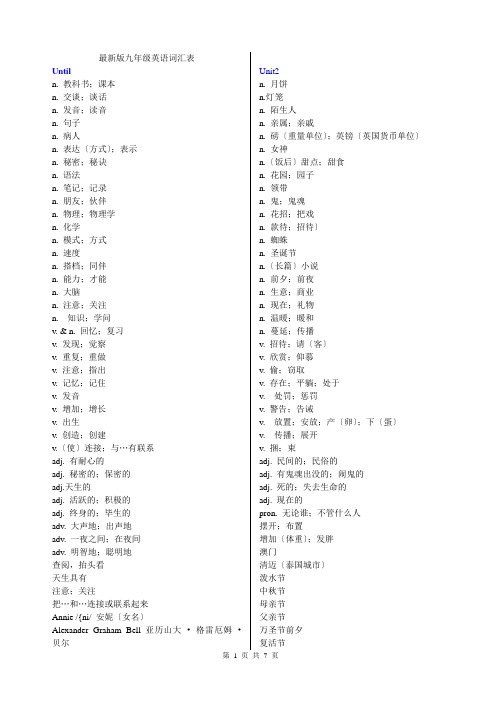 最新人教版九年级英语单词表(中文)