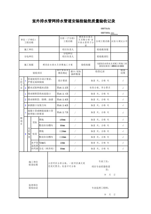 室外排水管网排水管道安装检验批质量验收记录