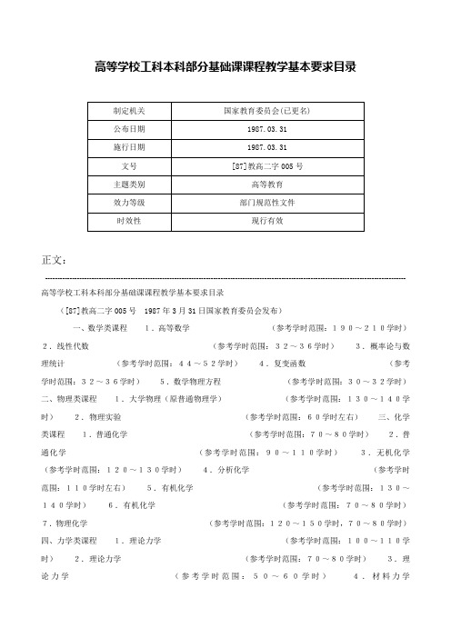 高等学校工科本科部分基础课课程教学基本要求目录-[87]教高二字005号