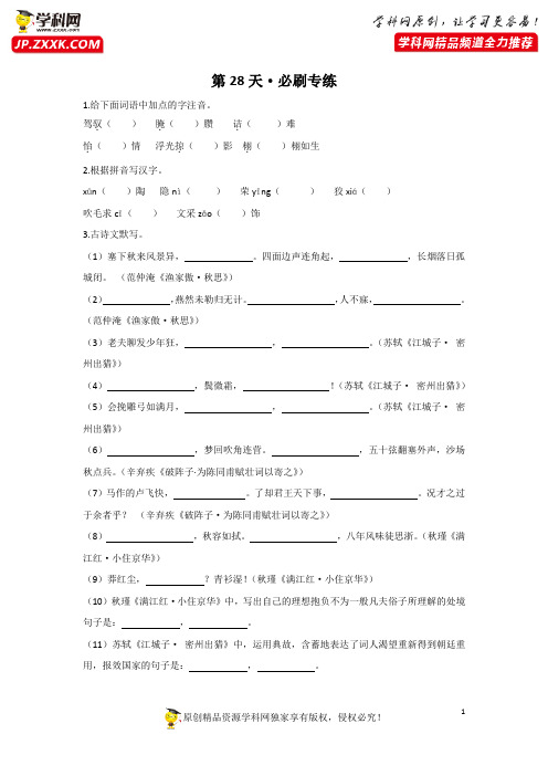 必刷专练28-2021年中考语文考前30天回归课本必刷180题)