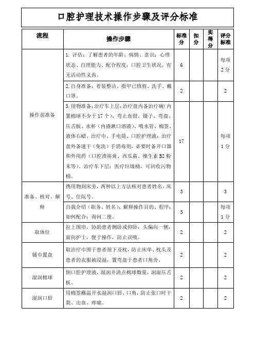 口腔护理技术操作步骤及评分标准