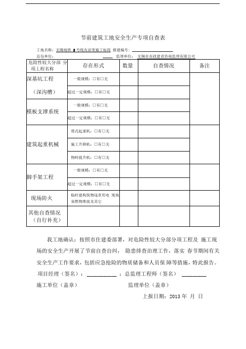 节前建筑工地安全生产自查记录表