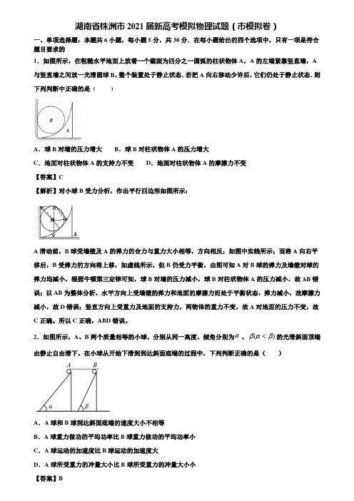 湖南省株洲市2021届新高考模拟物理试题(市模拟卷)含解析