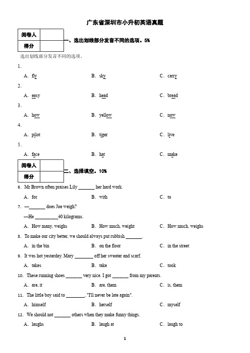 广东省深圳市小升初英语真题14(含答案)