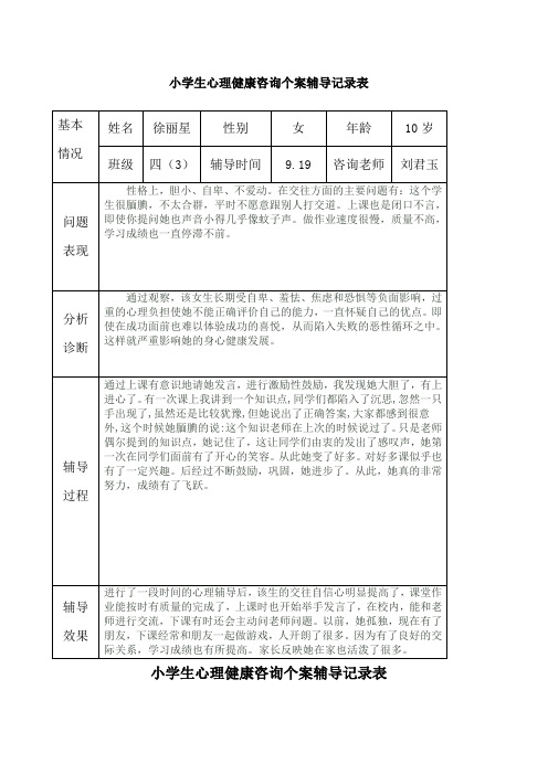 小学生心理健康咨询个案辅导记录表