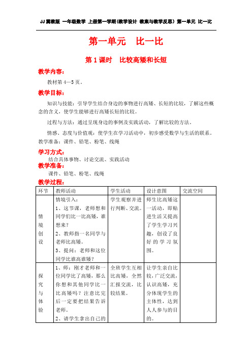 JJ冀教版 一年级数学 上册第一学期(教学设计 教案与教学反思)第一单元 比一比 第1课时  比较高矮和长短