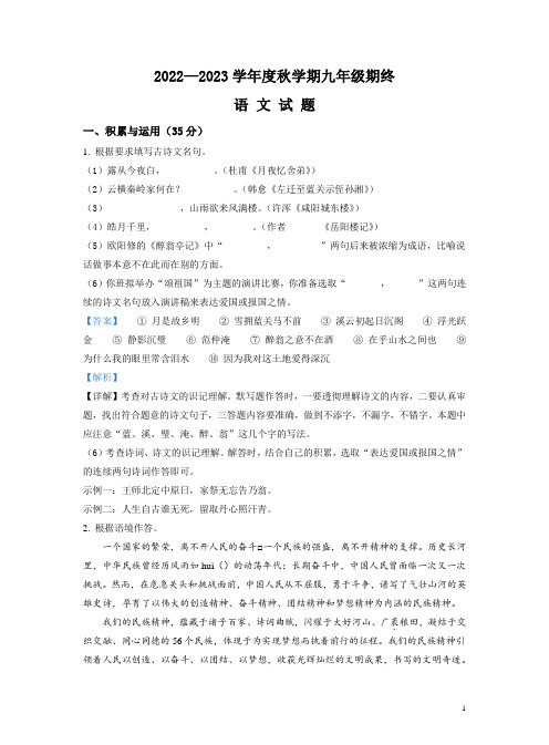 江苏省盐城市大丰区2022-2023学年九年级上学期期末语文试题答案带解析