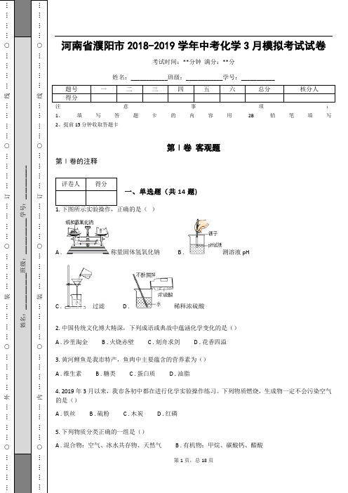 河南省濮阳市2018-2019学年中考化学3月模拟考试试卷(含答案解析)