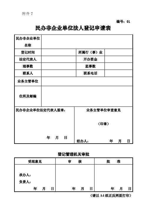 民办非企业单位法人登记申请表