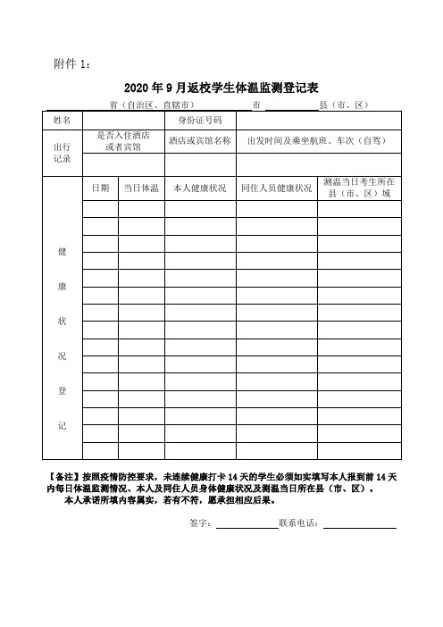 学生返校学生体温监测登记表