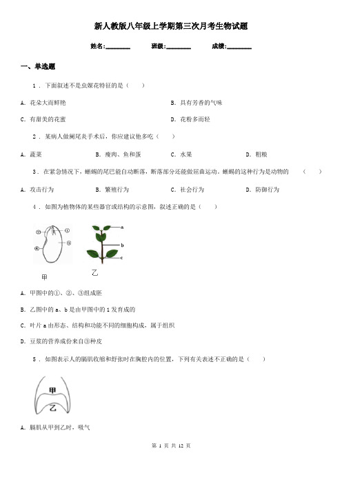 新人教版八年级上学期第三次月考生物试题(模拟)