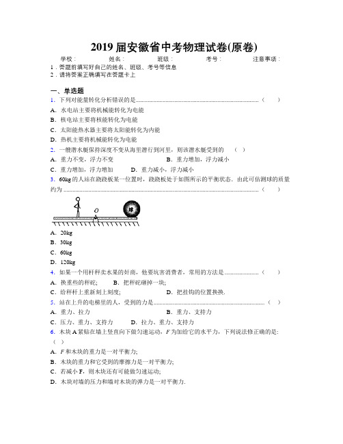 最新2019届安徽省中考物理试卷(原卷)及解析