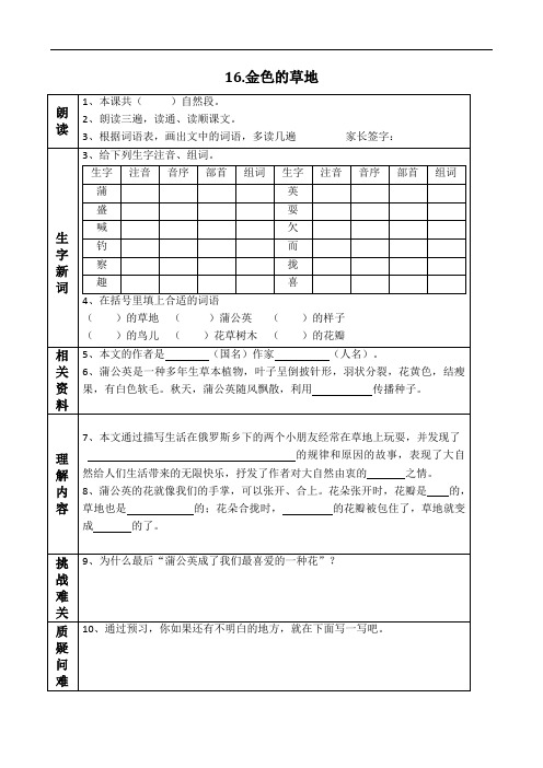 三上语文第16课《金色的草地》预习单
