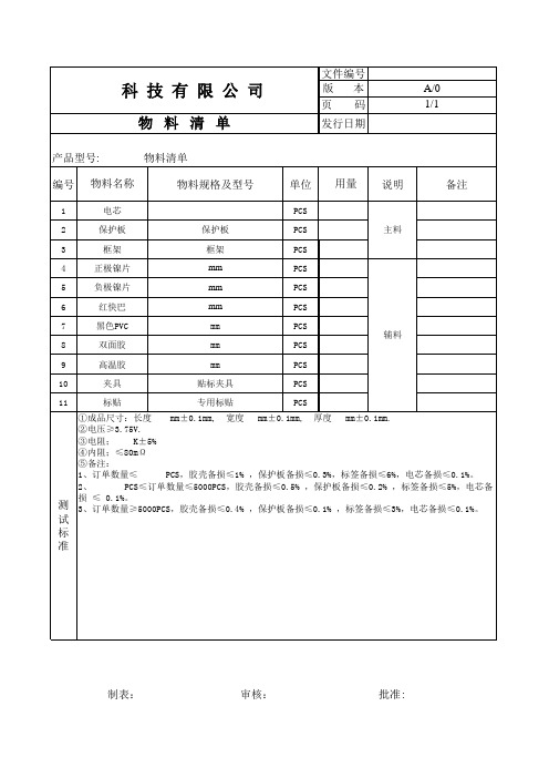 物料清单模板