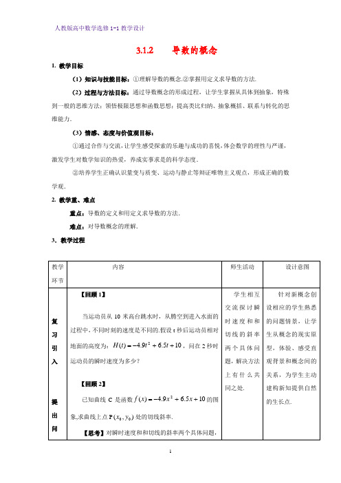 人教版高中数学优质教案3：3.1.2导数的概念 教学设计