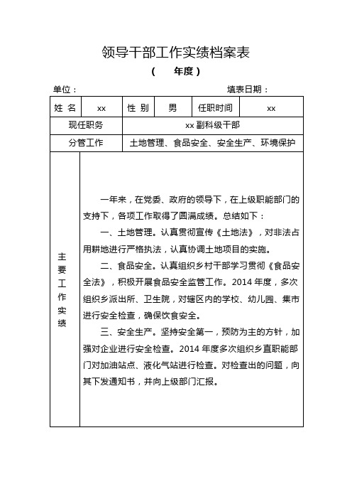 年度领导干部工作实绩档案表