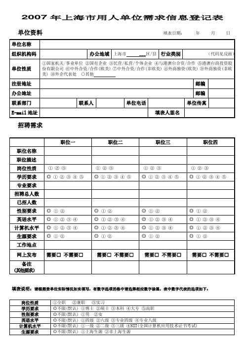 用人单位需求信息的登记表