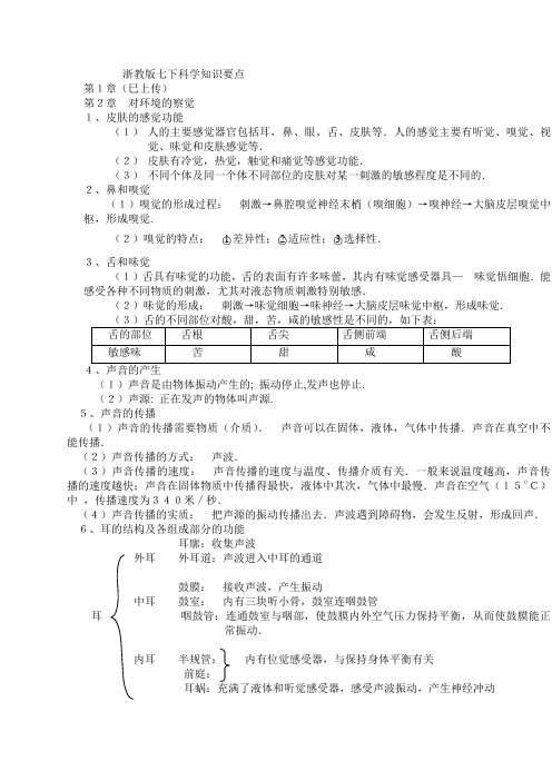 浙教版七下科学知识要点