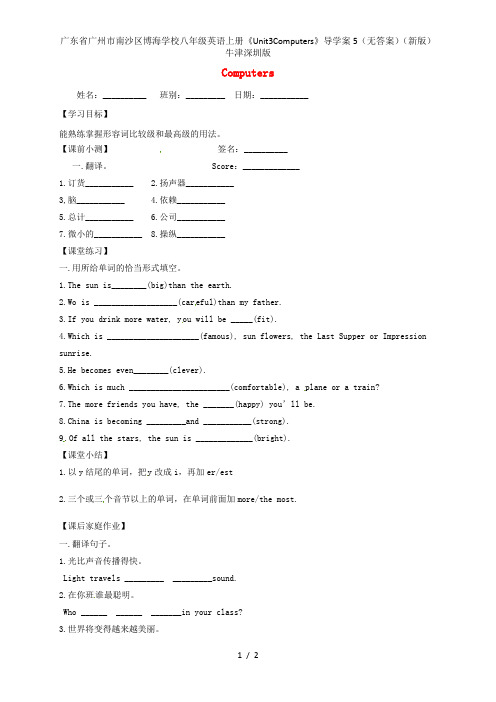 广东省广州市南沙区博海学校八年级英语上册《Unit3Computers》导学案5(无答案)(新版)牛