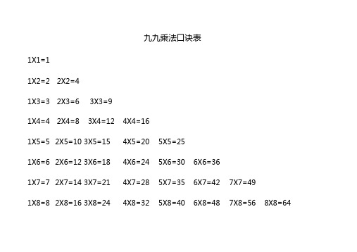 九九乘法口诀表A一