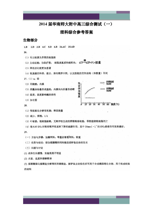 (理综参考答案)2014届华南师大附中高三综合测试