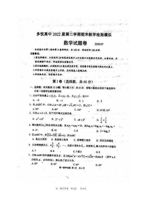 四川省眉山市东坡区多悦高级中学校2019-2020学年高一下学期期末模拟考试数学试题+扫描版含答案