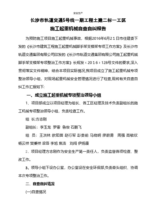 一工区八月份起重机械自查自纠报告企业安全生产规范化台账制度方案预案专案交底计划措施