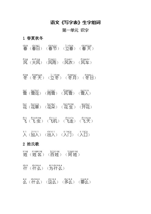 部编版一年级下册语文《写字表》生字组词带拼音