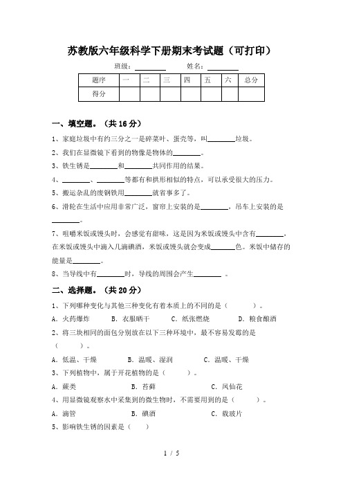 苏教版六年级科学下册期末考试题(可打印)