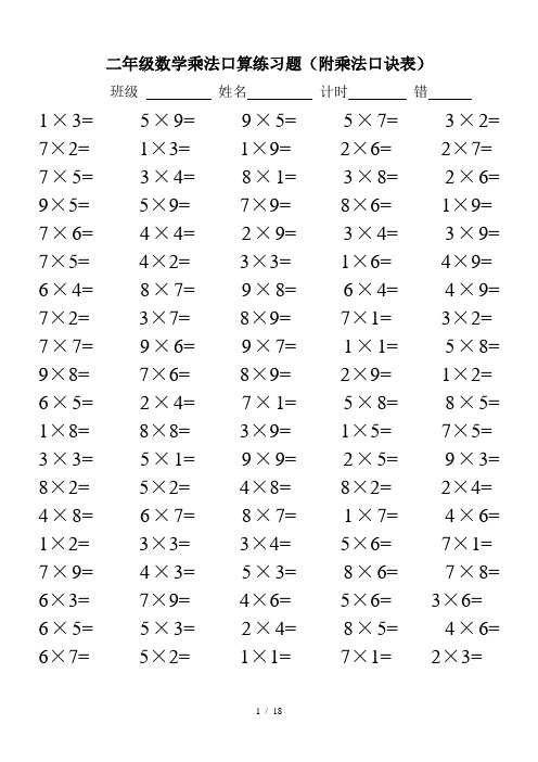 二年级数学乘法口算练习题(附乘法口诀表)