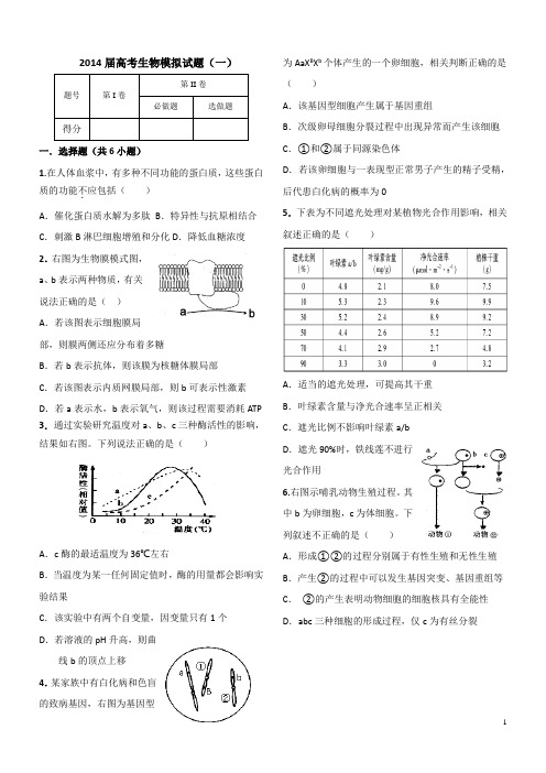 2014山东高考理综生物模拟试题共十套(密集排版印刷用)