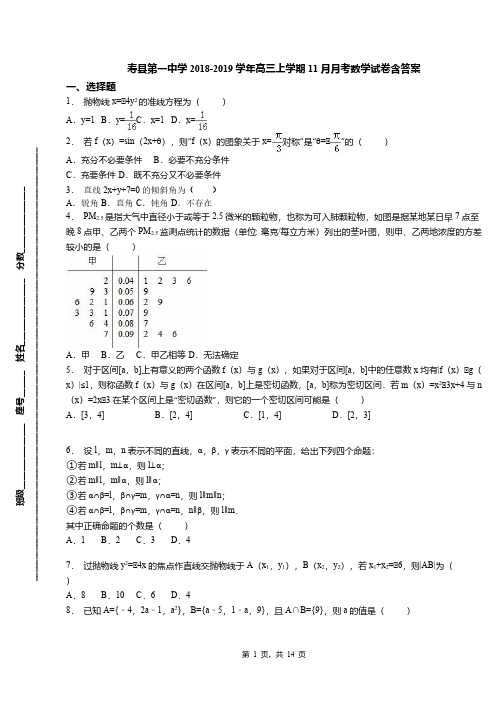 寿县第一中学2018-2019学年高三上学期11月月考数学试卷含答案