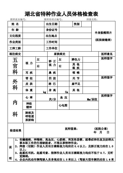 湖北省特种作业人员体格检查表